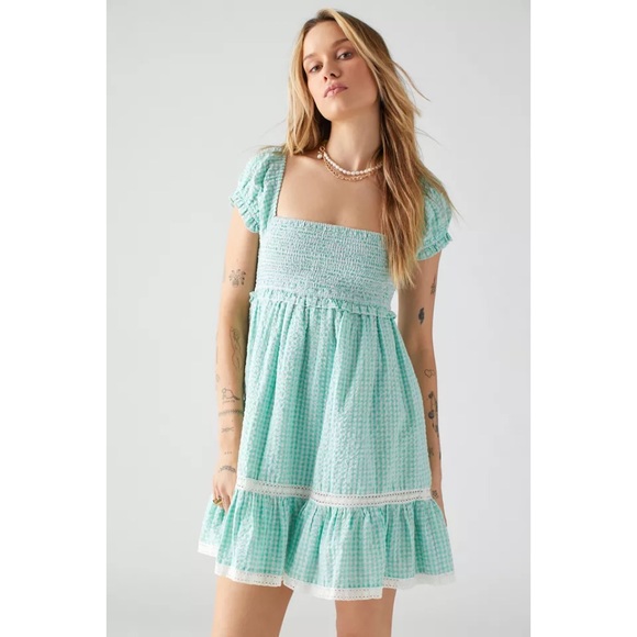 NWT UO Marseille Gingham Smocked Mini Dress - Picture 1 of 4